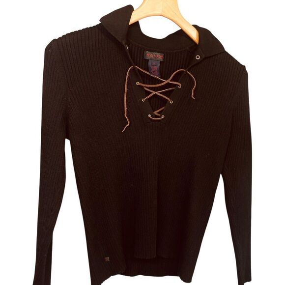 Ralph Ralph Lauren Ribbed V Neck Long Sleeve Sweater with Lace Up Detail - Picture 4 of 11